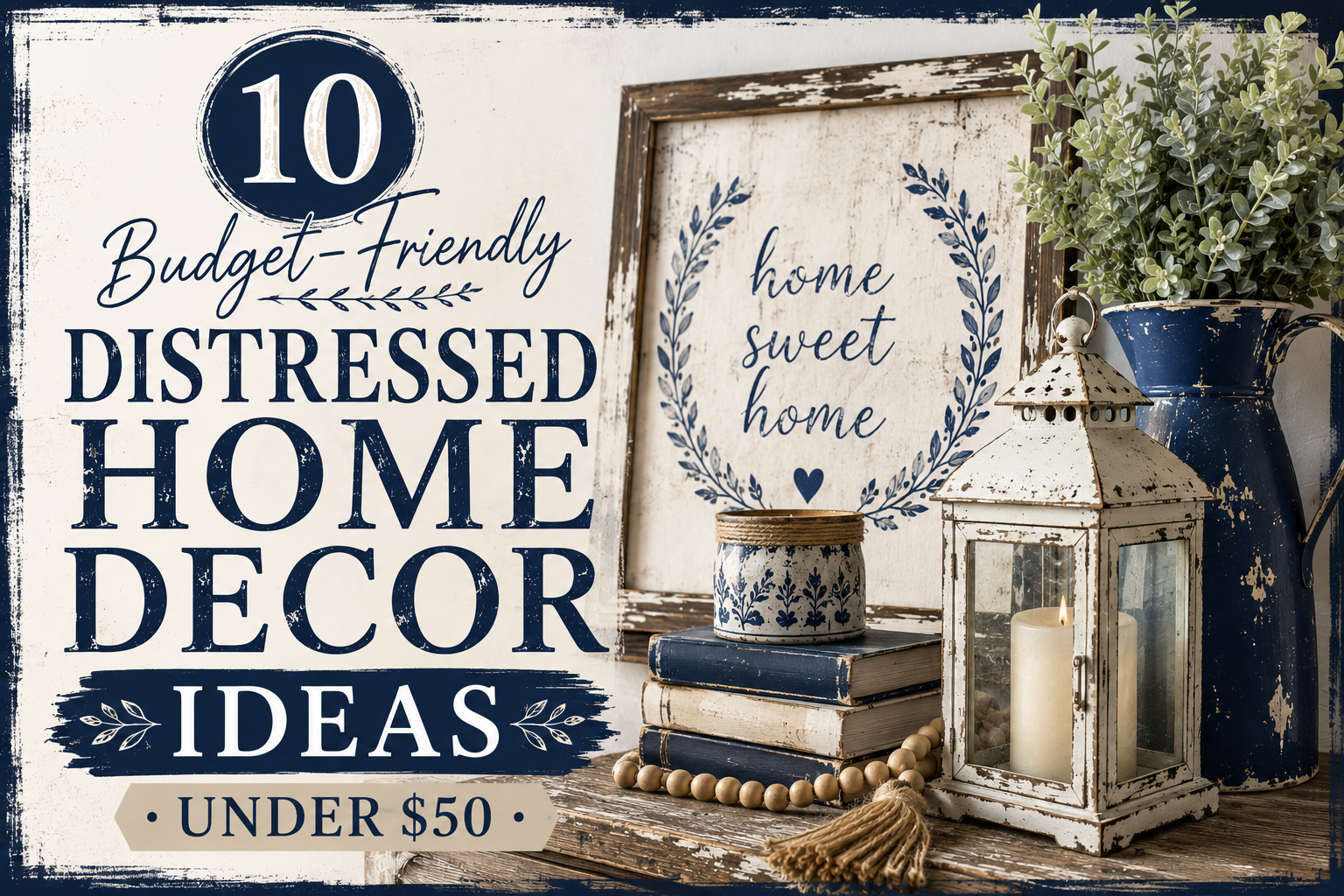 Distressed farmhouse home decor featuring weathered white lanterns, vintage frames, navy blue accents, distressed wood furniture, decorative beads, and rustic cottage-style accessories under $50.