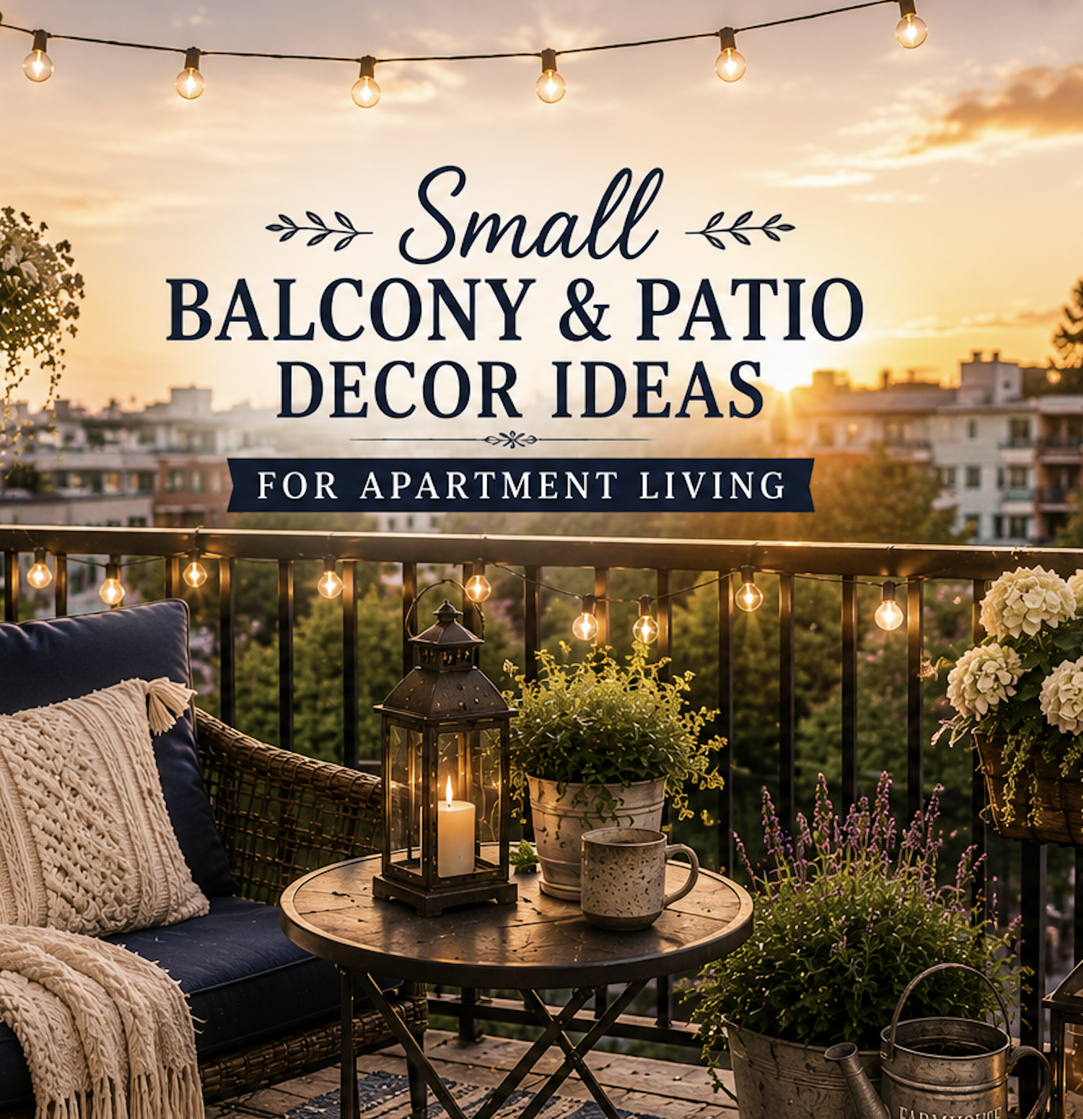 Small apartment balcony featuring cozy seating, string lights, potted plants, outdoor rug, and farmhouse-style decor.
